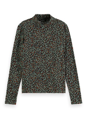 Scotch & Soda All Over Printed Mockneck Long Sleeve T-Shirt Damen Grün | SN-SAS56742