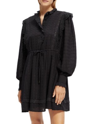 Scotch & Soda Broderie Anglaise Mini Organic Baumwoll Kleid Damen Schwarz | SN-SAS56774
