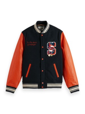 Scotch & Soda Leder College Bomber Jacken Herren Navy | SN-SAS56607