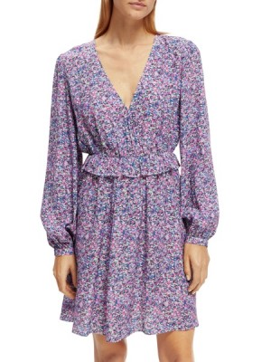 Scotch & Soda Long-sleeved Printed V-neck Mini Kleid Damen Lila | SN-SAS56785