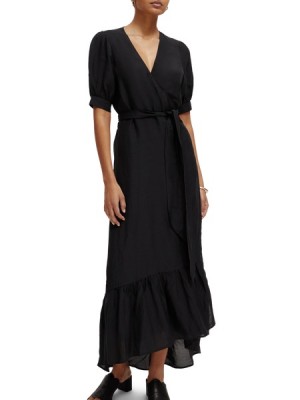 Scotch & Soda V-neck Elbow-sleeved Midi Kleid Damen Schwarz | SN-SAS56794