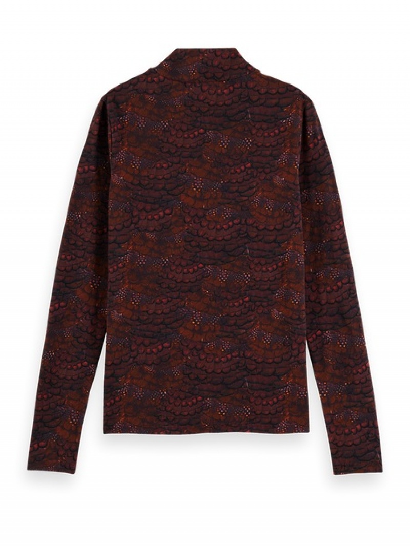 Scotch & Soda All Over Printed Mockneck Long Sleeve T-Shirt Damen Bordeaux | SN-SAS56741