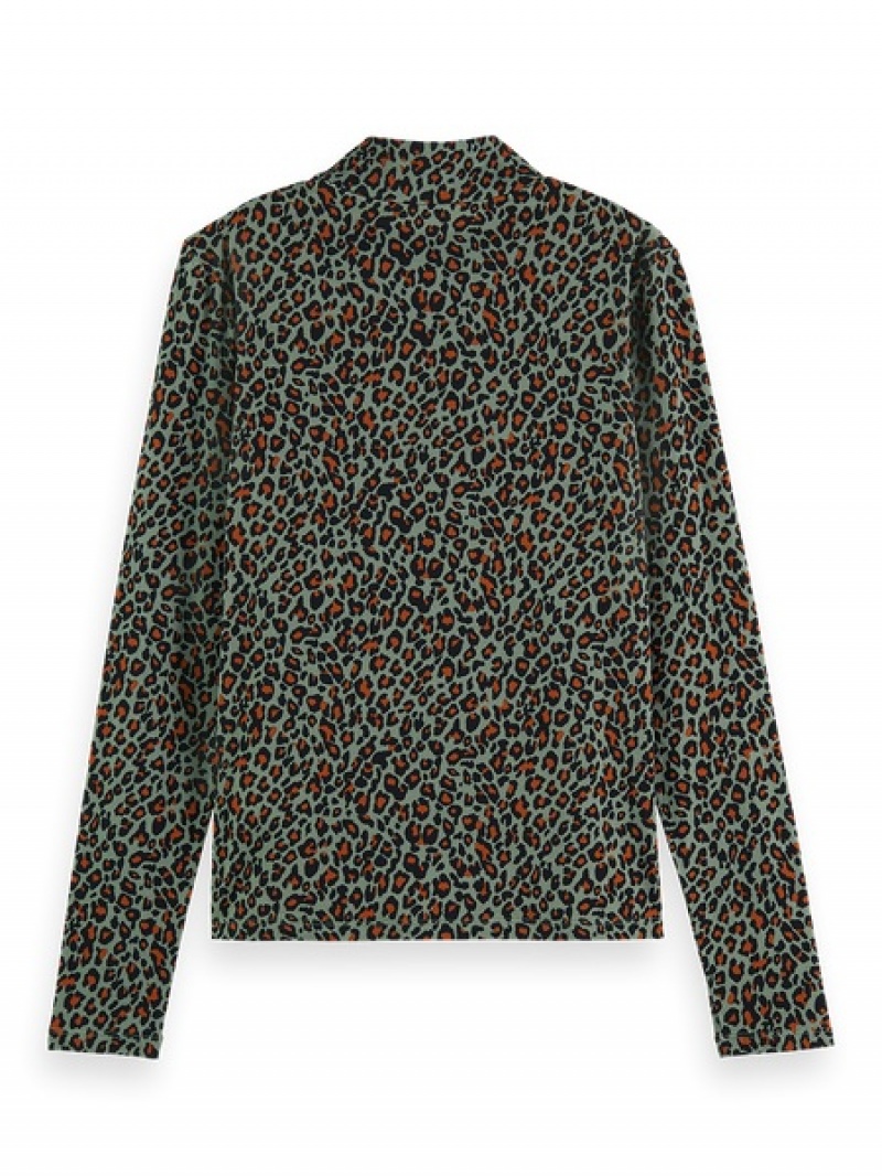 Scotch & Soda All Over Printed Mockneck Long Sleeve T-Shirt Damen Grün | SN-SAS56742