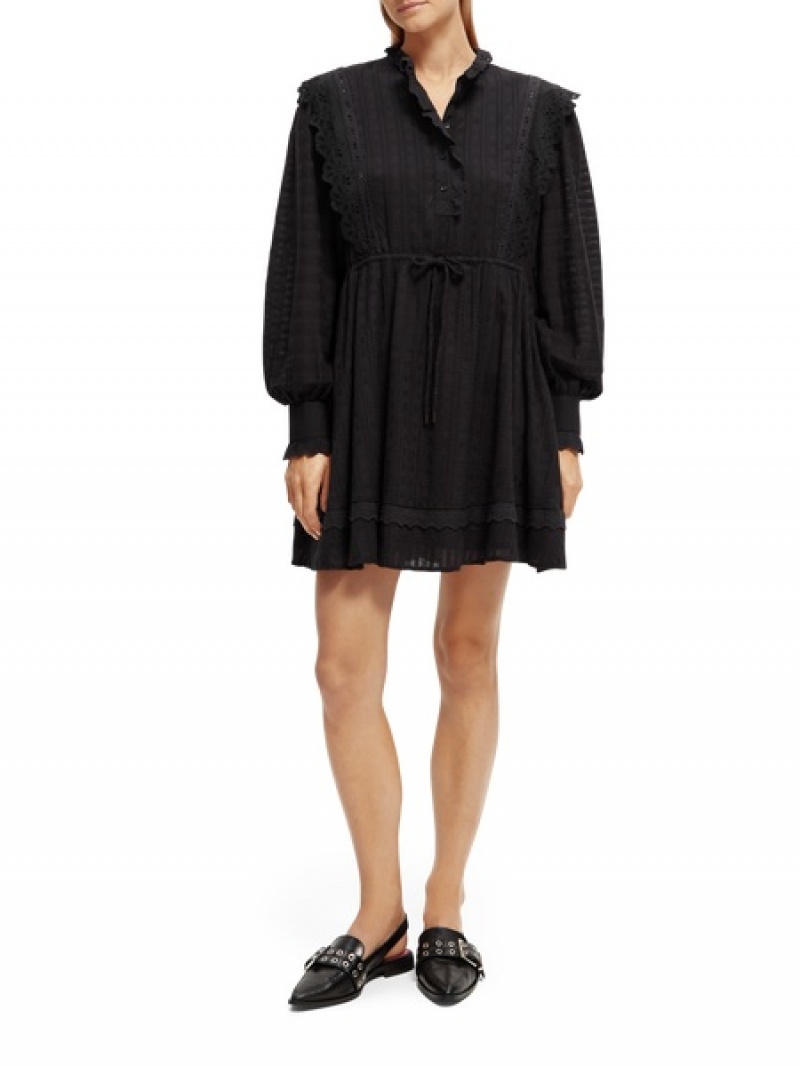 Scotch & Soda Broderie Anglaise Mini Organic Baumwoll Kleid Damen Schwarz | SN-SAS56774