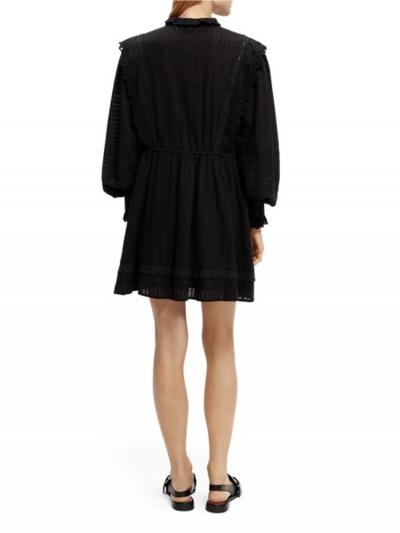 Scotch & Soda Broderie Anglaise Mini Organic Baumwoll Kleid Damen Schwarz | SN-SAS56774