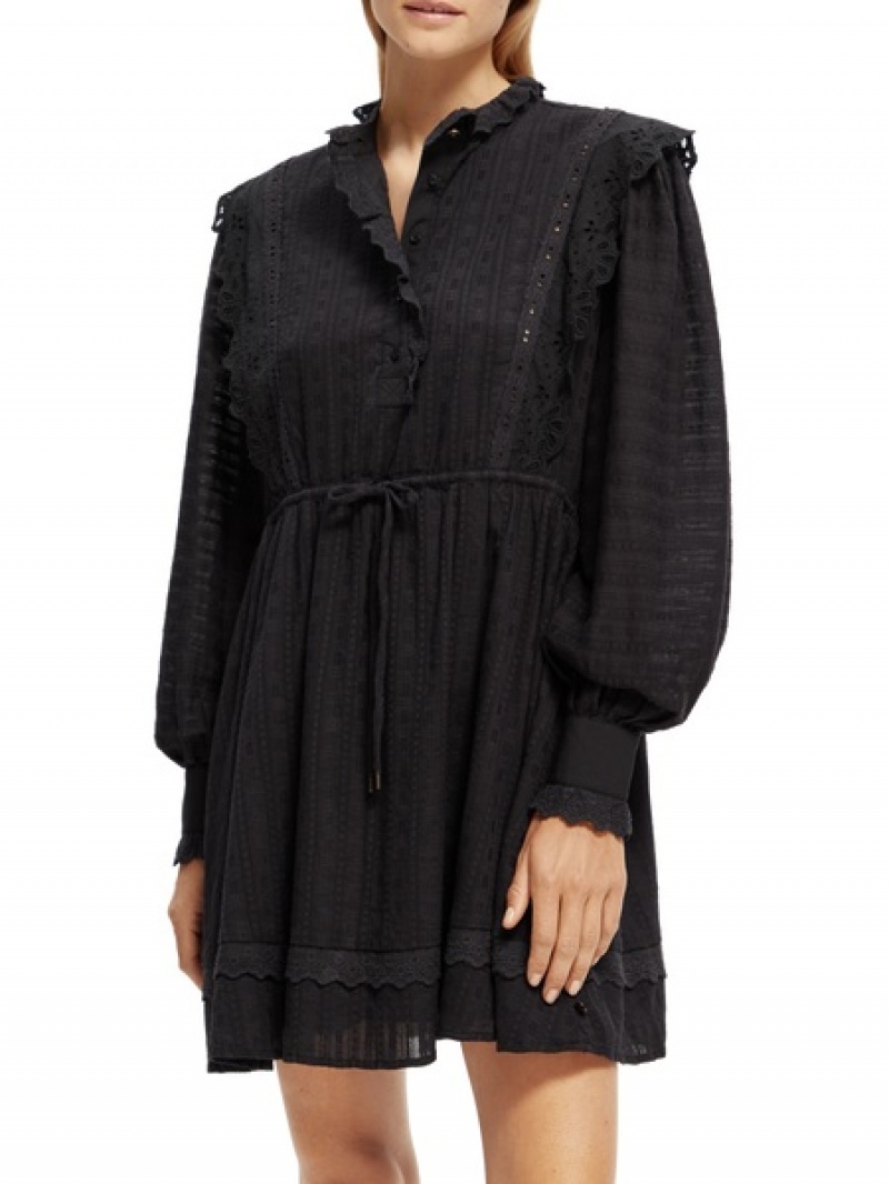 Scotch & Soda Broderie Anglaise Mini Organic Baumwoll Kleid Damen Schwarz | SN-SAS56774