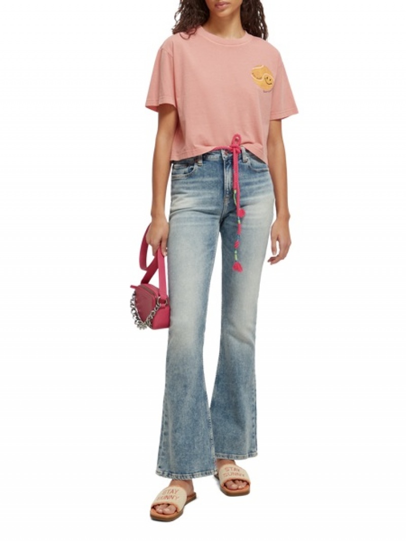 Scotch & Soda Cropped Organic Baumwoll Artwork T-Shirt Damen Rosa | SN-SAS56736