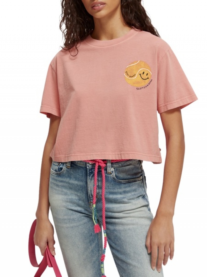 Scotch & Soda Cropped Organic Baumwoll Artwork T-Shirt Damen Rosa | SN-SAS56736