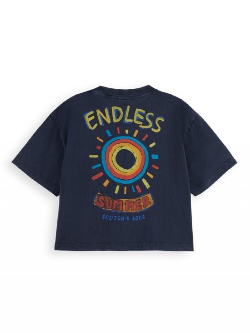 Scotch & Soda Cropped Organic Baumwoll Artwork T-Shirt Damen Navy | SN-SAS56737