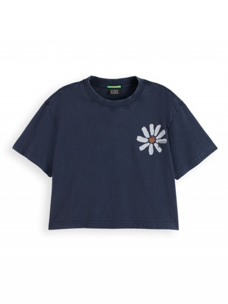 Scotch & Soda Cropped Organic Baumwoll Artwork T-Shirt Damen Navy | SN-SAS56737