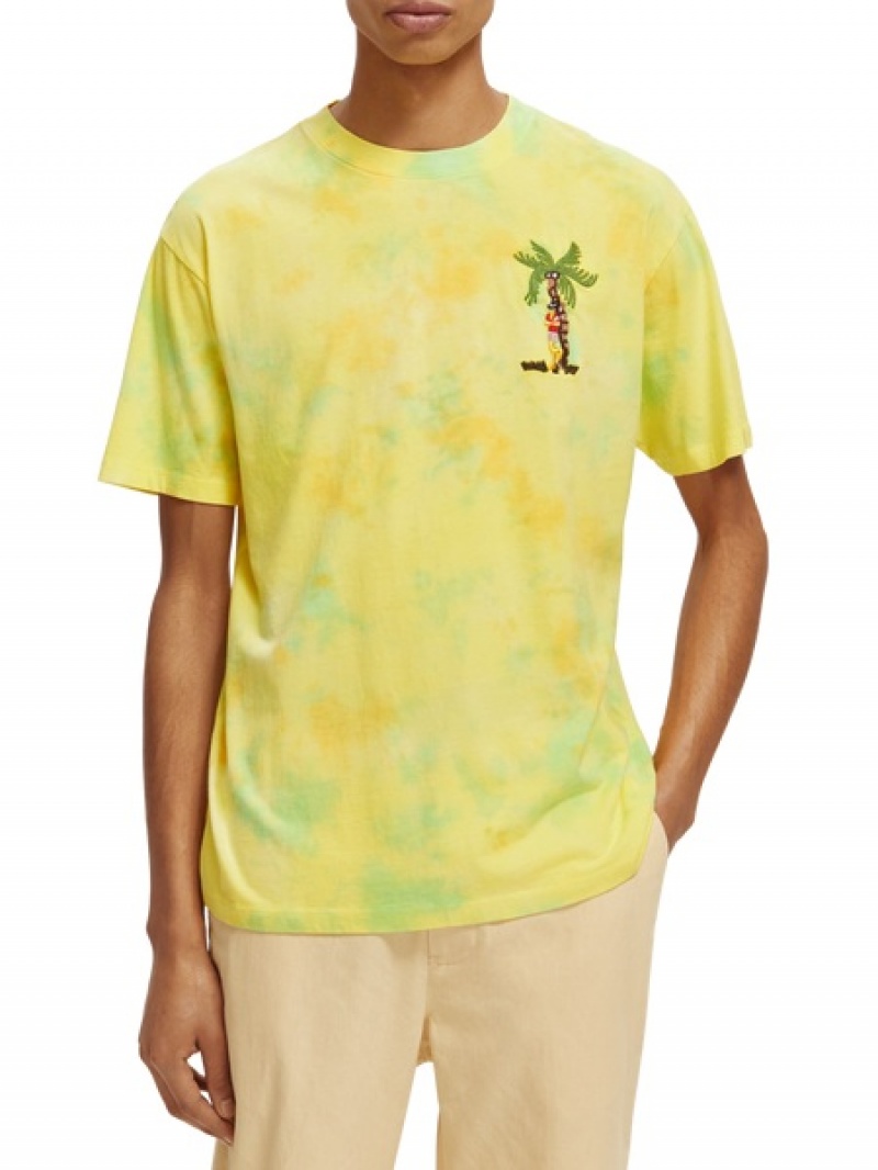 Scotch & Soda Embroidered Artwork Tie-dye T-Shirt Herren Gelb | SN-SAS56454