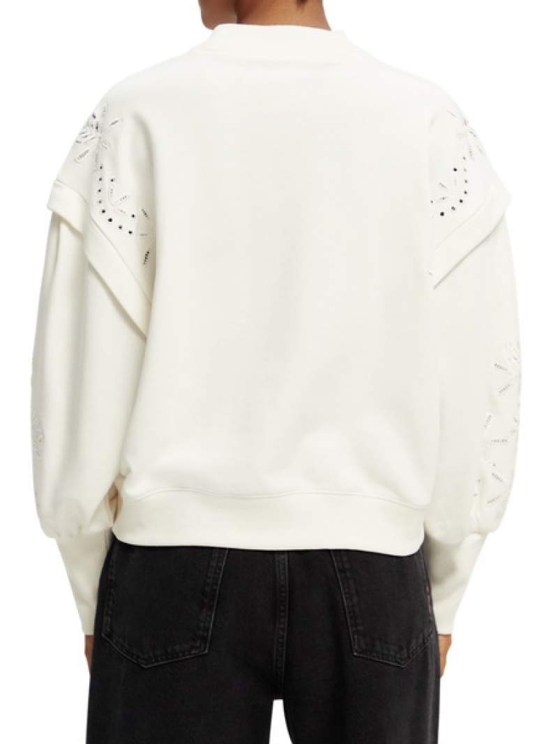 Scotch & Soda Embroidered Oversized Puff Sleeve Sweatshirts Damen Hellgelb Weiß | SN-SAS56722