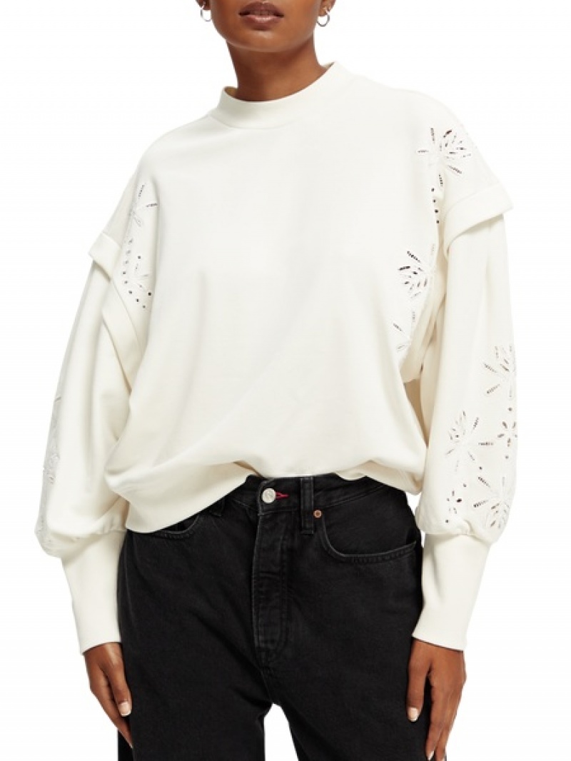 Scotch & Soda Embroidered Oversized Puff Sleeve Sweatshirts Damen Hellgelb Weiß | SN-SAS56722