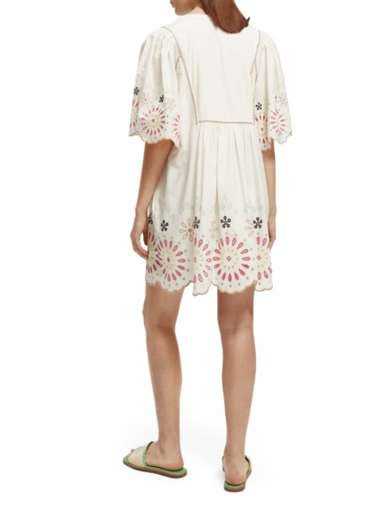 Scotch & Soda Flutter-sleeved Broderie Anglaise Mini Kleid Damen Hellgelb Weiß | SN-SAS56783