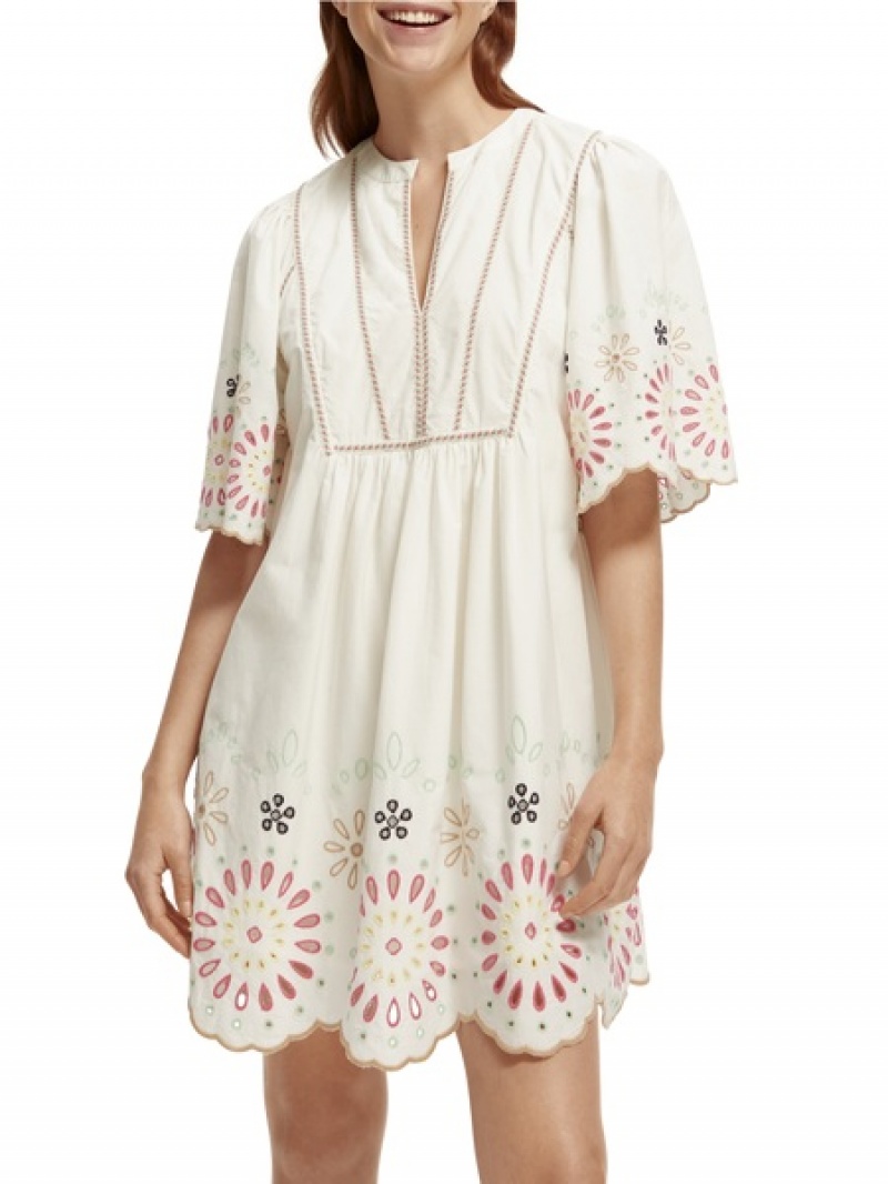 Scotch & Soda Flutter-sleeved Broderie Anglaise Mini Kleid Damen Hellgelb Weiß | SN-SAS56783