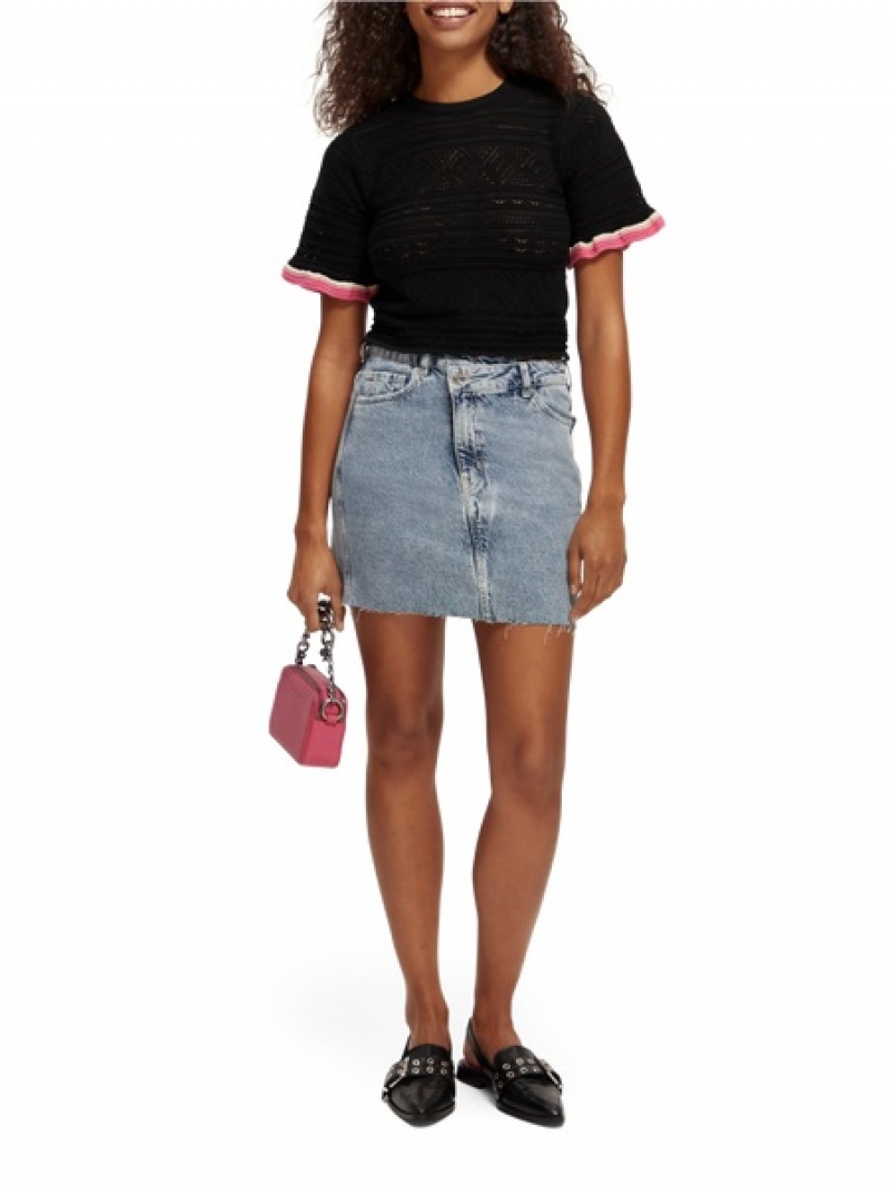 Scotch & Soda Gestrickt Pointelle Crop Oberteile Damen Schwarz | SN-SAS56708