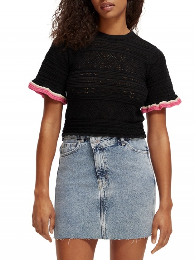 Scotch & Soda Gestrickt Pointelle Crop Oberteile Damen Schwarz | SN-SAS56708