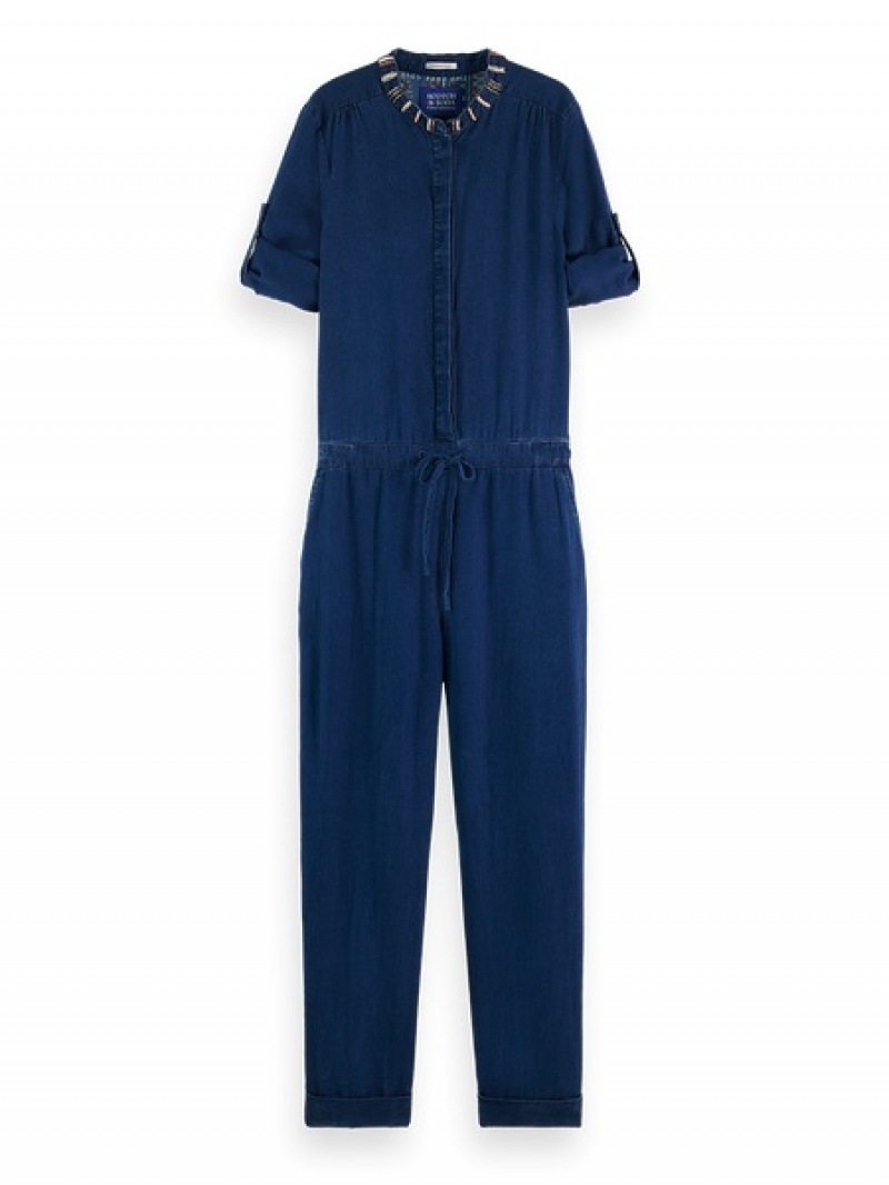 Scotch & Soda Indigo Tencel Denim Washed All In One With Beading Details Jumpsuit Damen Indigo | SN-SAS56816