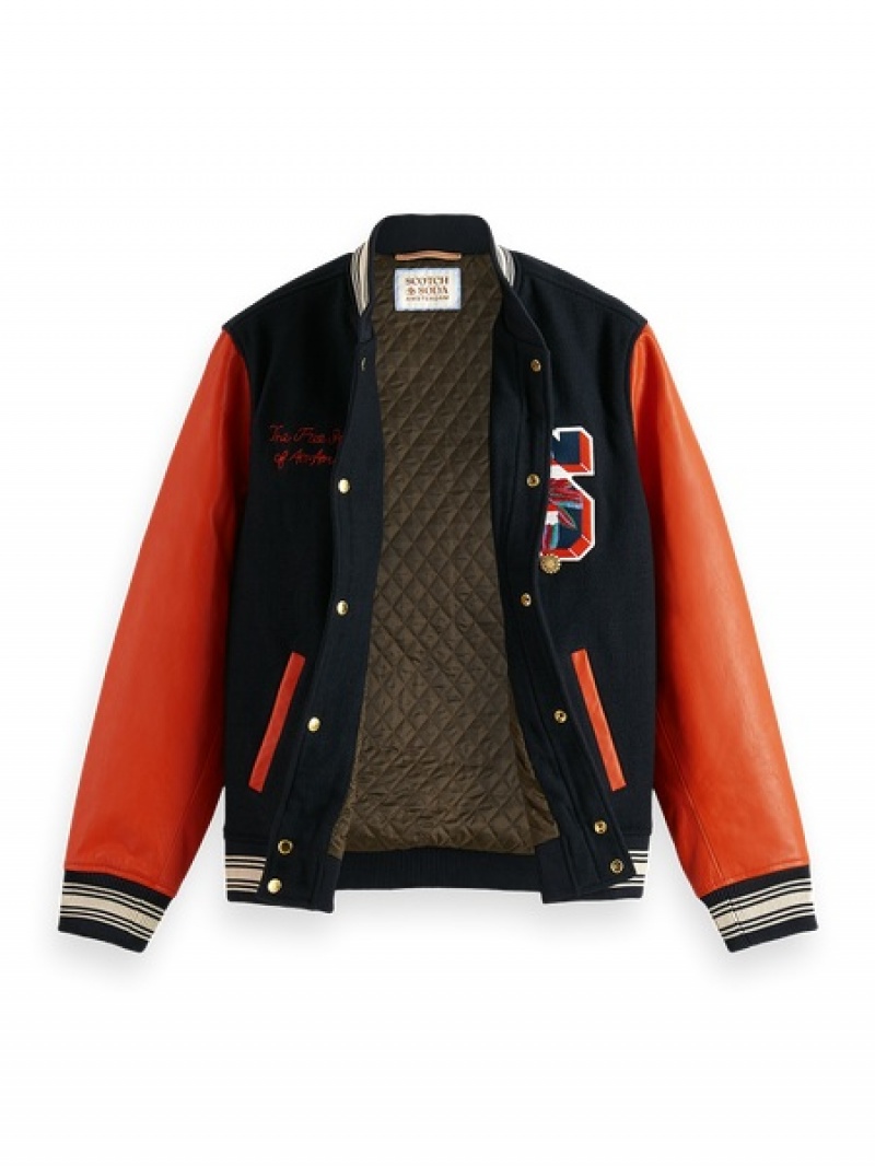 Scotch & Soda Leder College Bomber Jacken Herren Navy | SN-SAS56607