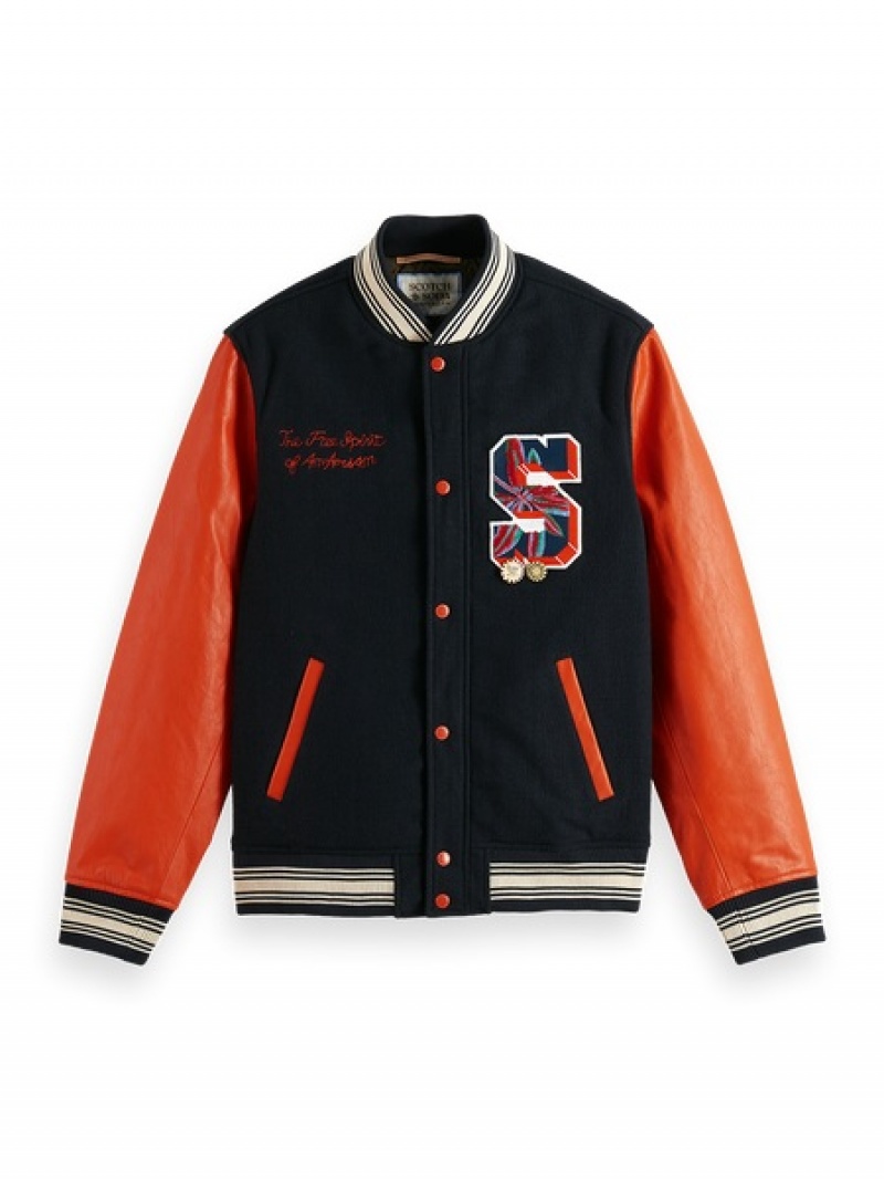 Scotch & Soda Leder College Bomber Jacken Herren Navy | SN-SAS56607