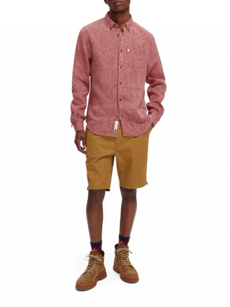 Scotch & Soda Linen Rolled-sleeve Hemd Herren Rot | SN-SAS56514