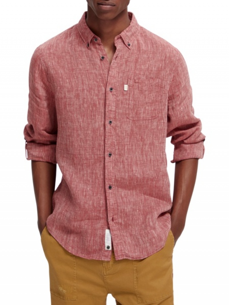 Scotch & Soda Linen Rolled-sleeve Hemd Herren Rot | SN-SAS56514
