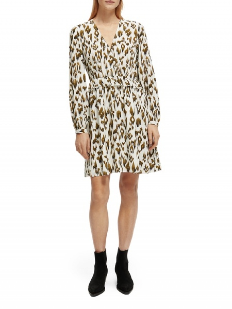 Scotch & Soda Long-sleeved Printed V-neck Mini Kleid Damen Grün | SN-SAS56787