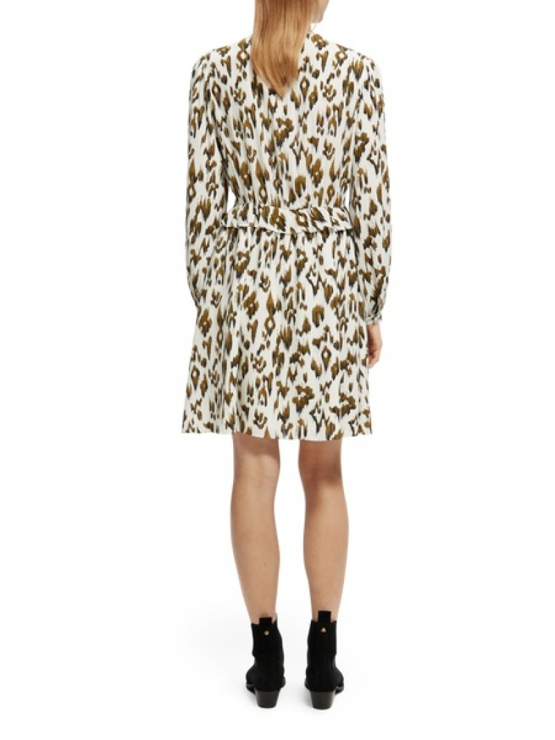 Scotch & Soda Long-sleeved Printed V-neck Mini Kleid Damen Grün | SN-SAS56787