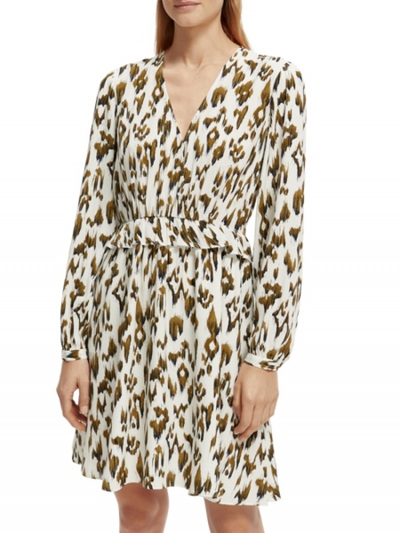 Scotch & Soda Long-sleeved Printed V-neck Mini Kleid Damen Grün | SN-SAS56787