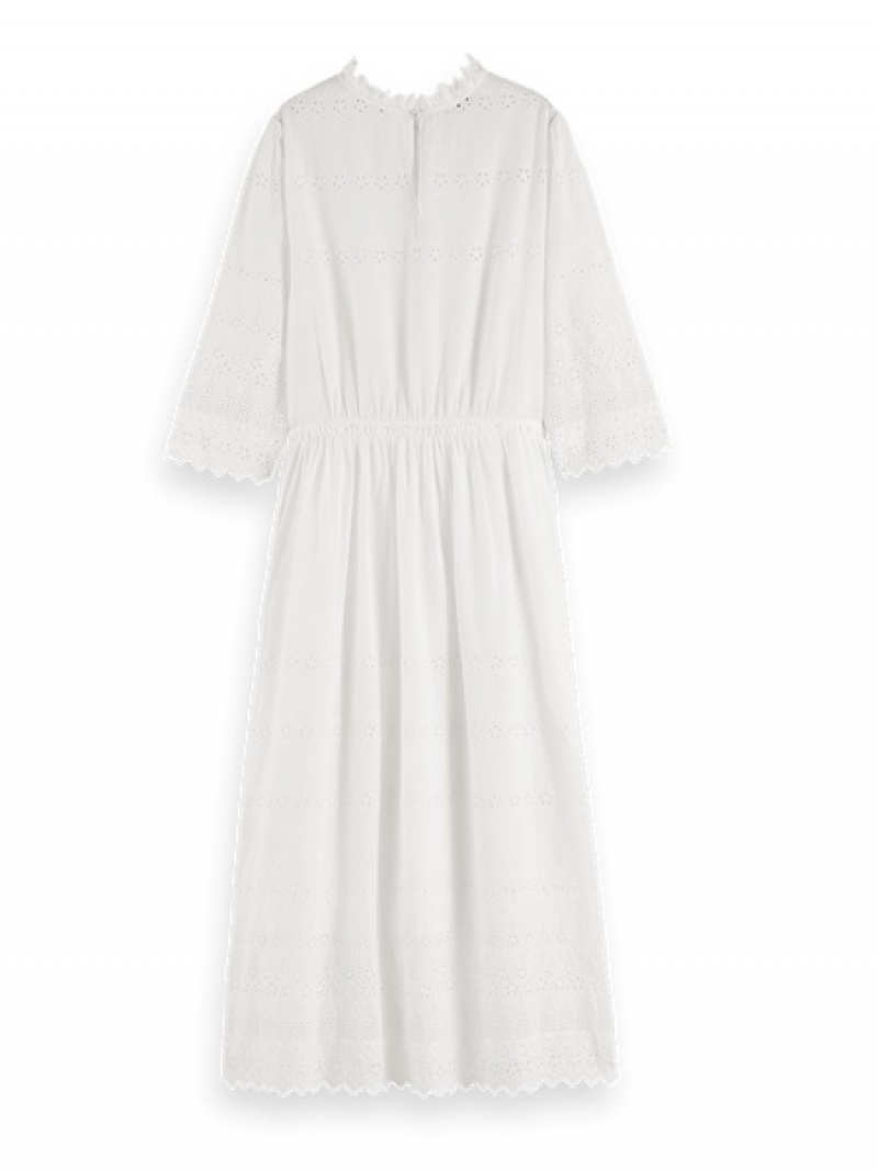 Scotch & Soda Midi Broderie Kleid Damen Weiß | SN-SAS56807