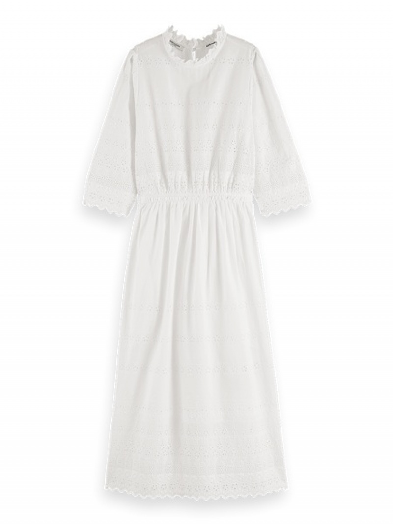 Scotch & Soda Midi Broderie Kleid Damen Weiß | SN-SAS56807