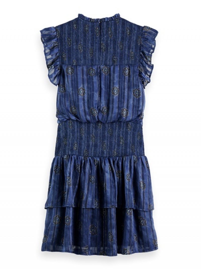 Scotch & Soda Mini With Smock Stitch Detail Kleid Damen Blau | SN-SAS56808