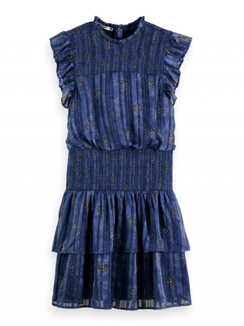 Scotch & Soda Mini With Smock Stitch Detail Kleid Damen Blau | SN-SAS56808