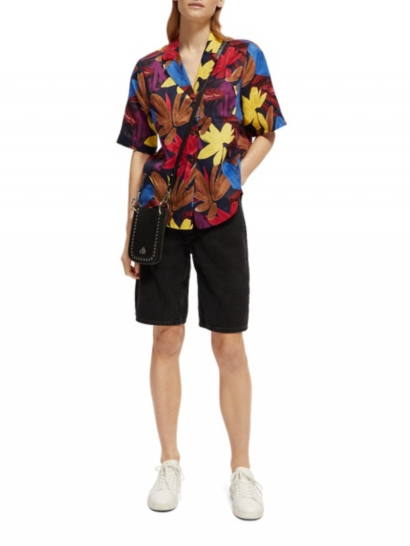Scotch & Soda Printed Linen Camp Hemd Damen Blumen Camouflage | SN-SAS56766