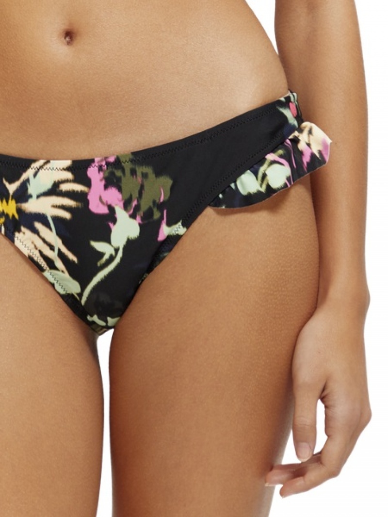 Scotch & Soda Printed Ruffled Bikini Bottom Badeanzug Damen Schwarz | SN-SAS56893