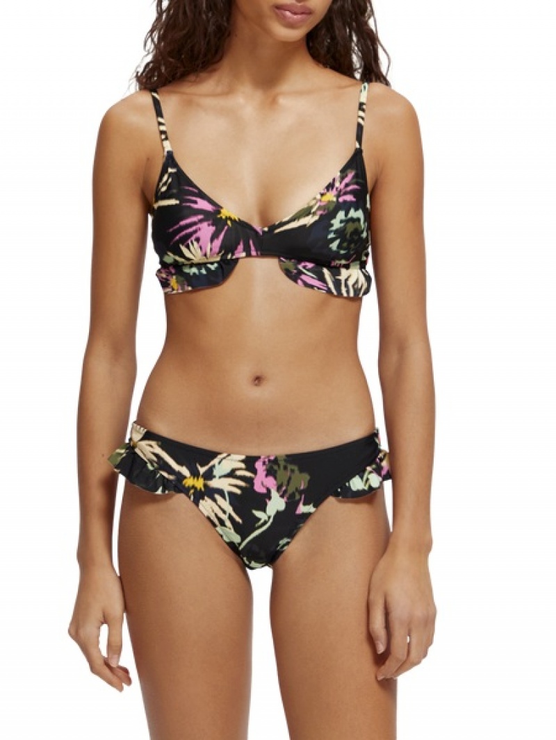 Scotch & Soda Printed Ruffled Bikini Bottom Badeanzug Damen Schwarz | SN-SAS56893