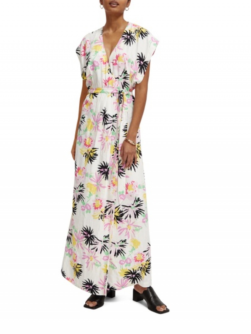 Scotch & Soda Printed V-neck Maxi Kleid Damen Weiß | SN-SAS56793