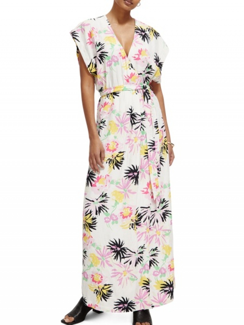Scotch & Soda Printed V-neck Maxi Kleid Damen Weiß | SN-SAS56793