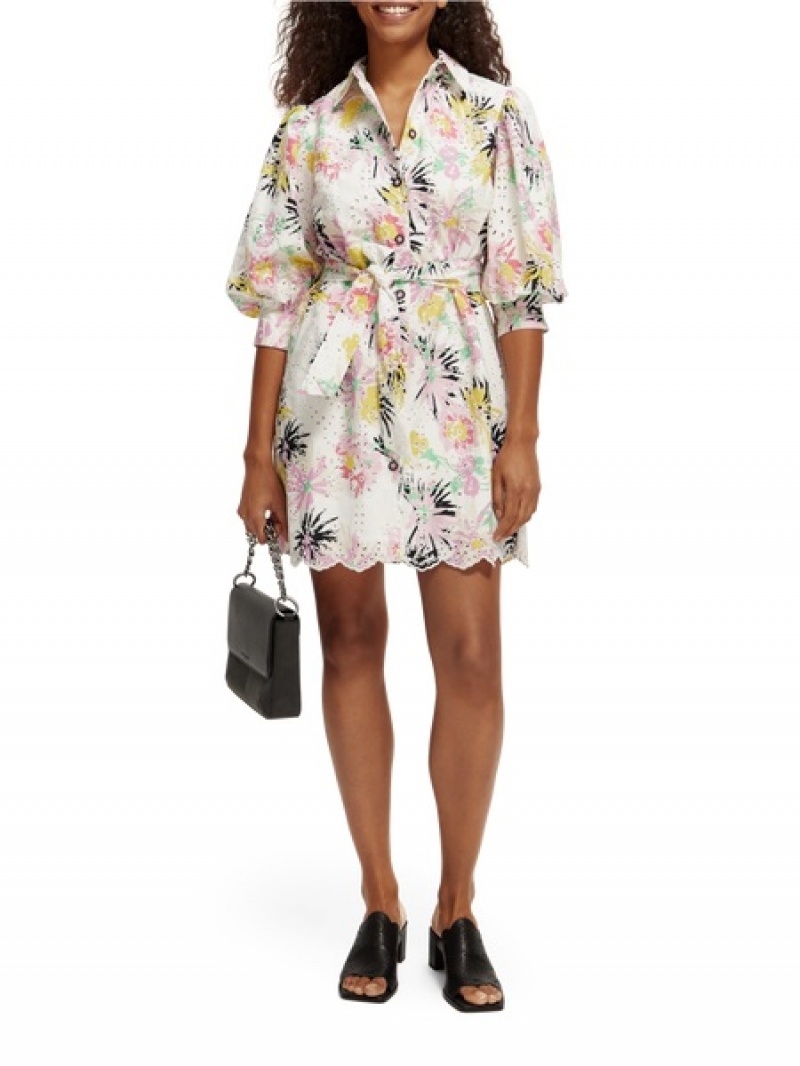 Scotch & Soda Puffed-sleeve Broderie Anglaise Mini Kleid Damen Weiß | SN-SAS56780