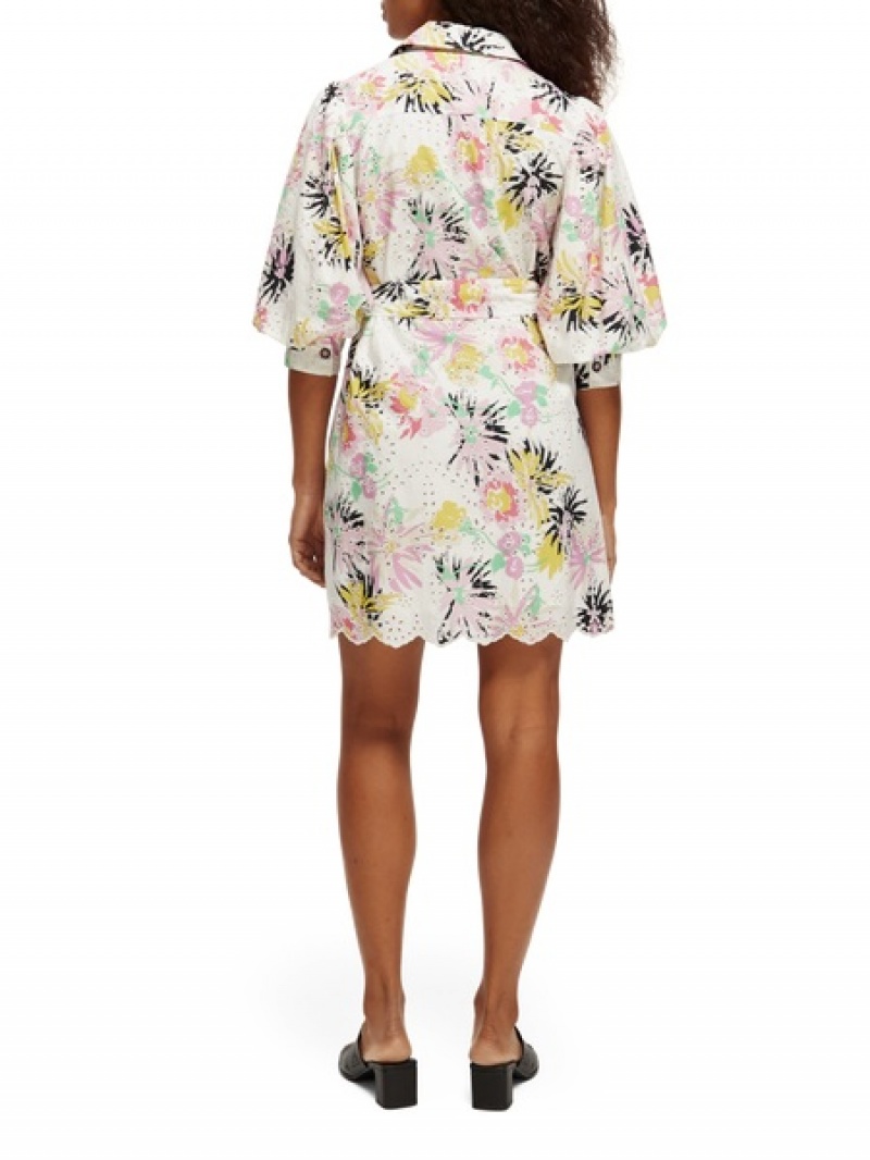 Scotch & Soda Puffed-sleeve Broderie Anglaise Mini Kleid Damen Weiß | SN-SAS56780