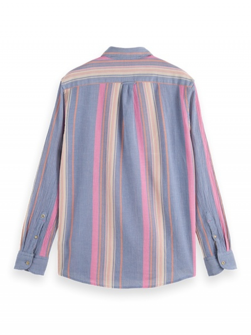 Scotch & Soda Regular Fit Gestreift Organic Baumwoll Hemd Herren Blau Rosa | SN-SAS56518