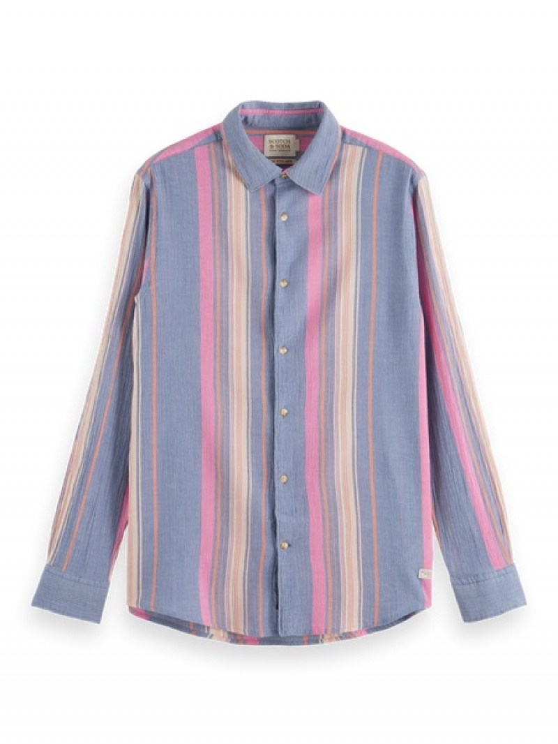 Scotch & Soda Regular Fit Gestreift Organic Baumwoll Hemd Herren Blau Rosa | SN-SAS56518