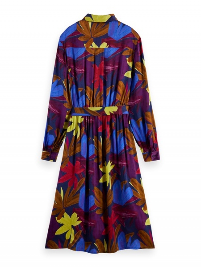 Scotch & Soda Relaxed Fit Printed Midi Jacquard Kleid Damen Blumen Camouflage | SN-SAS56777