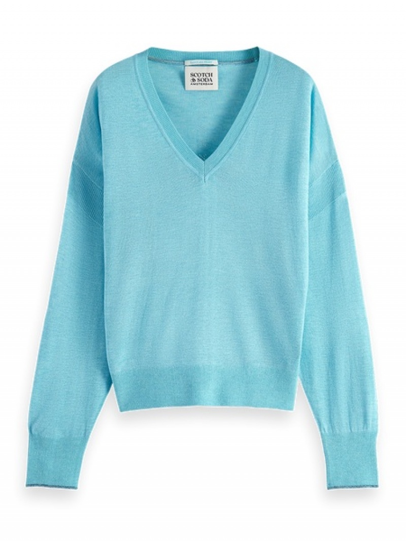 Scotch & Soda Relaxed V-neck Pullover Damen Blau | SN-SAS56719