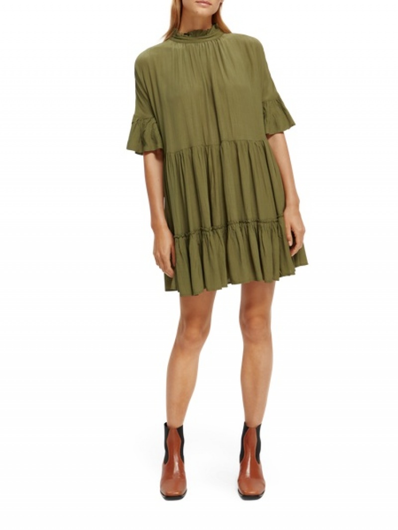 Scotch & Soda Ruffle-sleeved Tiered Mini Kleid Damen Grün | SN-SAS56778