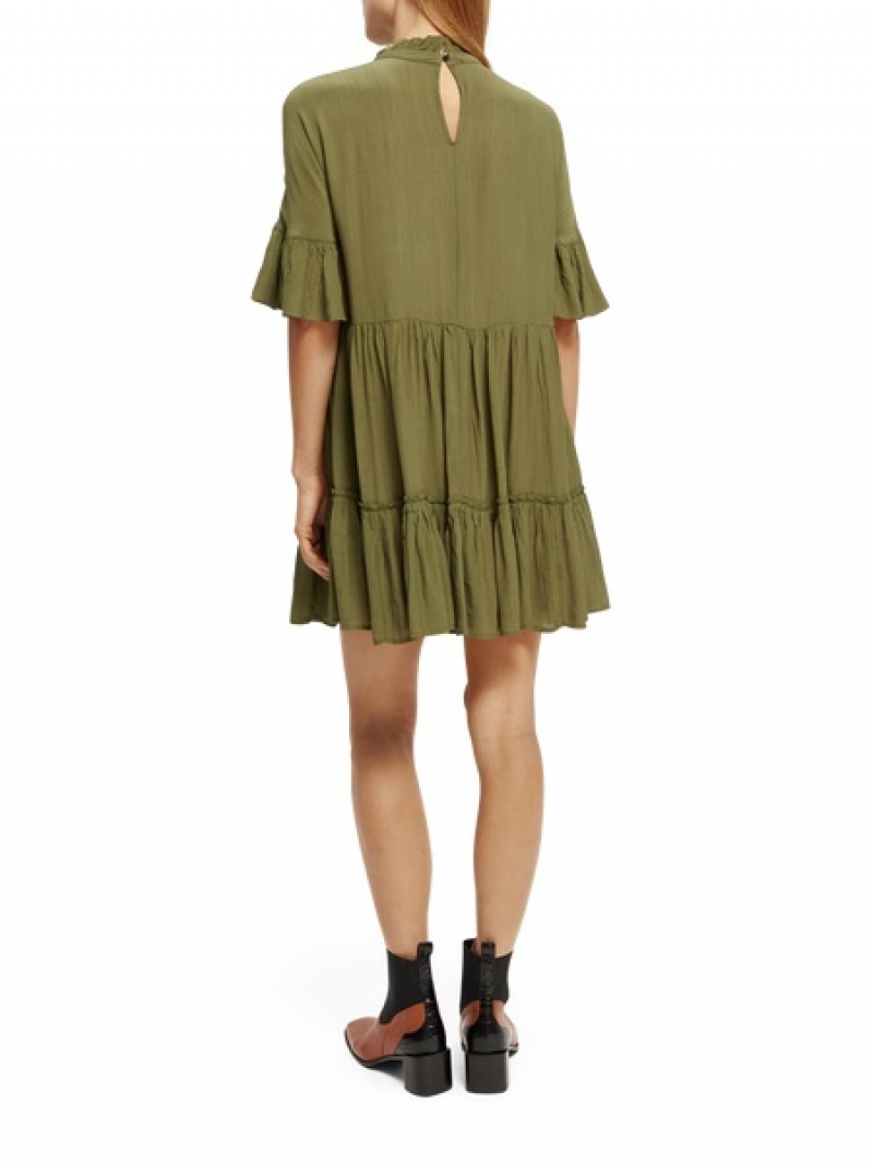 Scotch & Soda Ruffle-sleeved Tiered Mini Kleid Damen Grün | SN-SAS56778