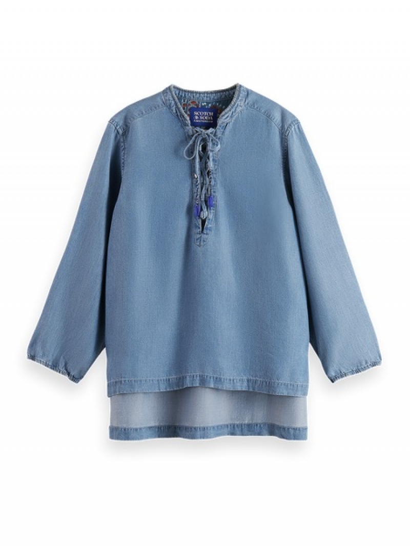 Scotch & Soda Spitze Up Denim Washed Indigo Tencel Hemd Damen Indigo | SN-SAS56757
