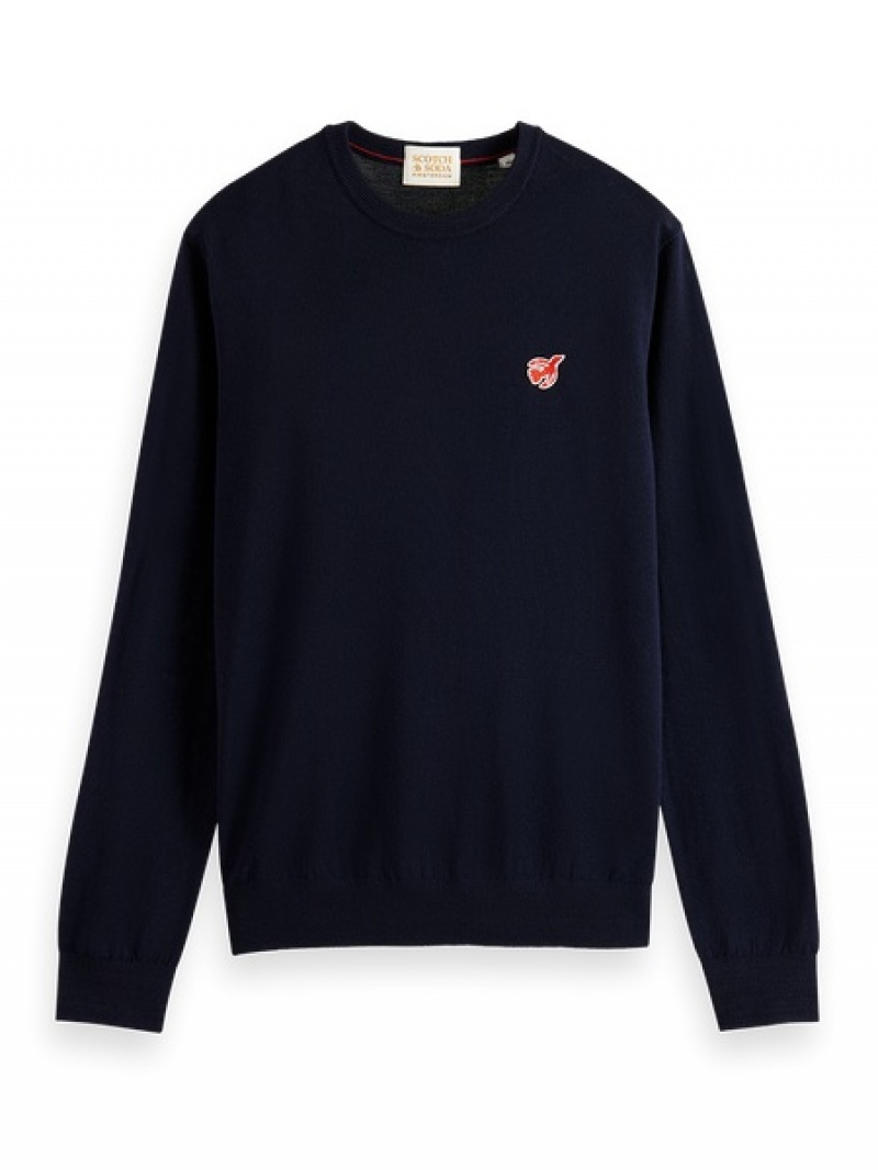 Scotch & Soda The Free Spirit Peace Bird Merino Wolle Crewneck Pullover Herren Navy | SN-SAS56421