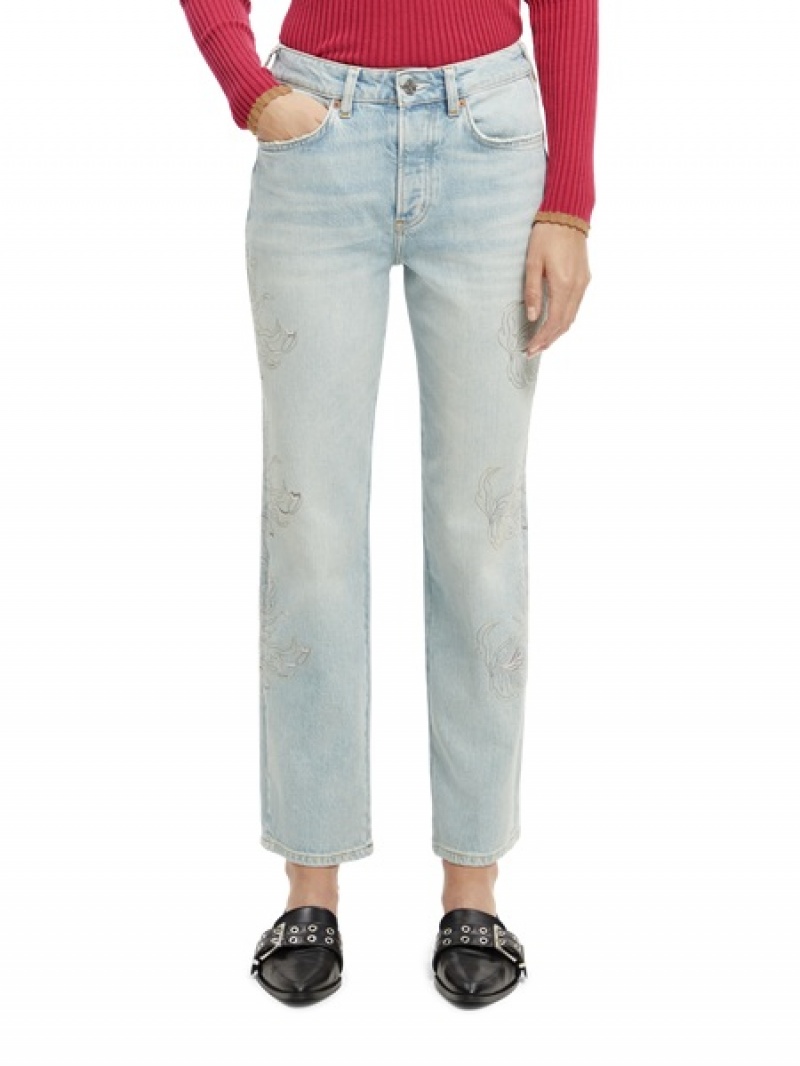 Scotch & Soda The Sky High-rise Gerade Leg Embroidered Jeans Damen Hellblau | SN-SAS56828