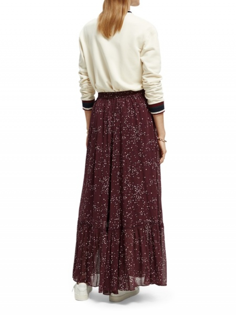 Scotch & Soda Tiered Printed Chiffon Maxi GolfSkirts Damen Rot | SN-SAS56772